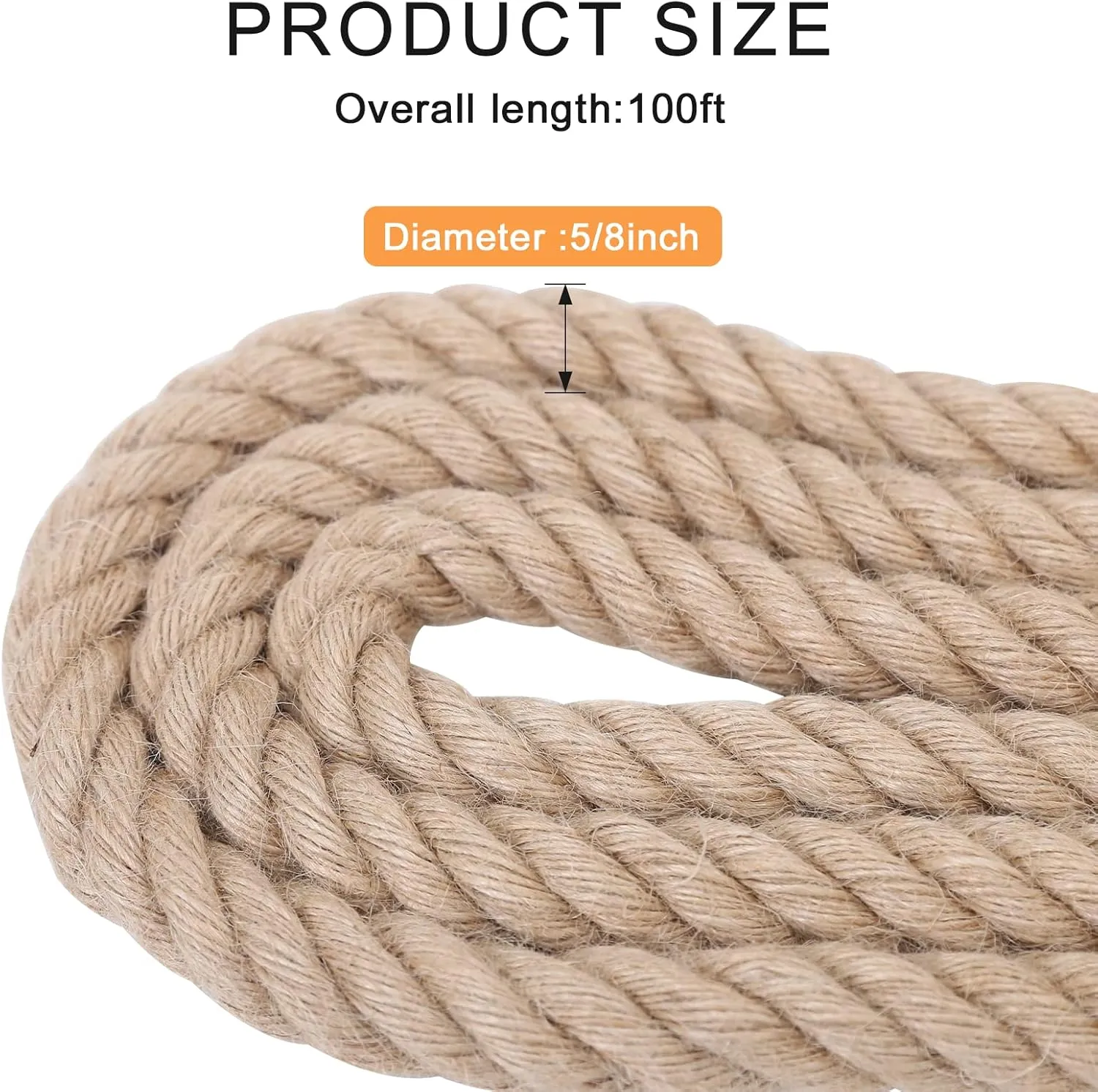 Jute Rope,5/8 inch x 100 FT Natural Twisted Manila Heavy Duty Hemp Ropes for Crafts,Swing for Tree,Gardening, Bundling, Hammock, Nautical, Tug of War, Railings, Home Decorating