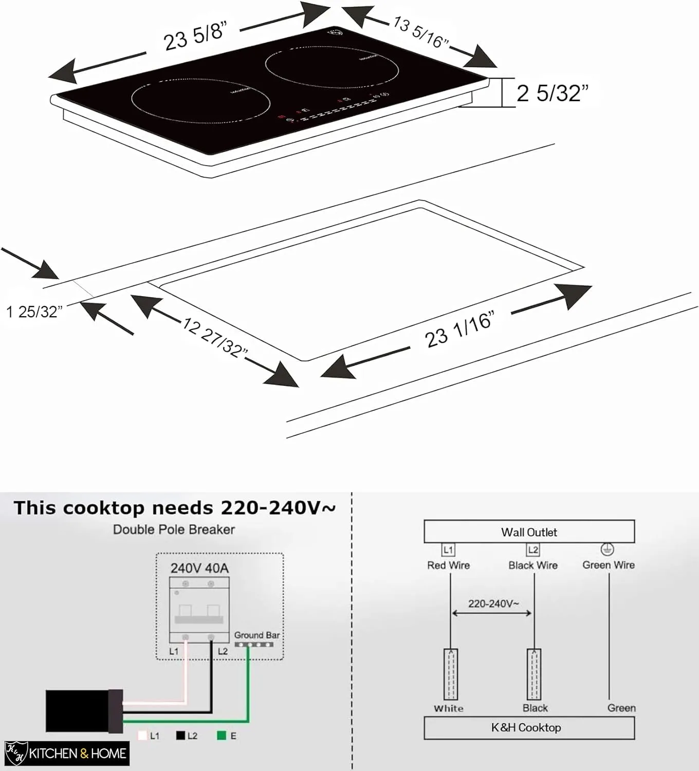 K&H 2 Burner Double Dual 24 Inch Built-in Induction Electric Stove Top Ceramic Cooktop 240V 3100W INDH-3102Hx