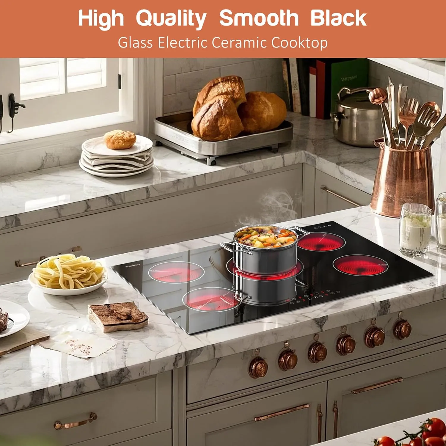 Karinear Electric Cooktop 30 Inch, 5 Burners Electric Stove 30 Inch Electri Ceramic Cooktop, 9 Power Level, Pause, Timer, Child Safety Lock, Triple Ring Expandable Burners, 6900W 220V(No Plug)