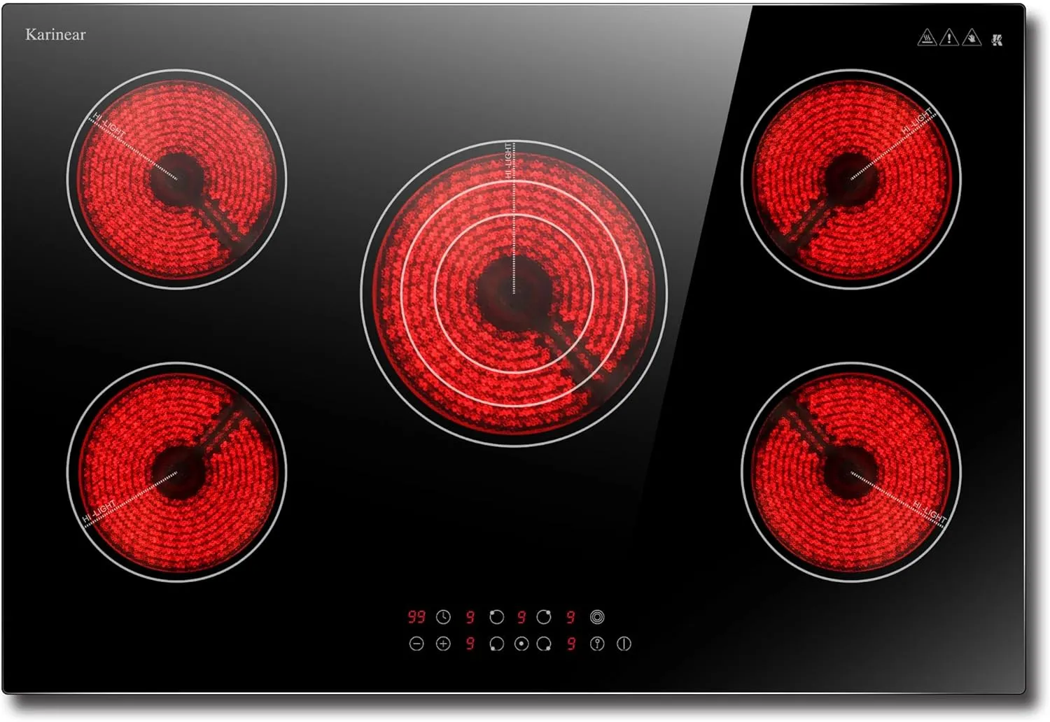 Karinear Electric Cooktop 30 Inch, 5 Burners Electric Stove 30 Inch Electri Ceramic Cooktop, 9 Power Level, Pause, Timer, Child Safety Lock, Triple Ring Expandable Burners, 6900W 220V(No Plug)