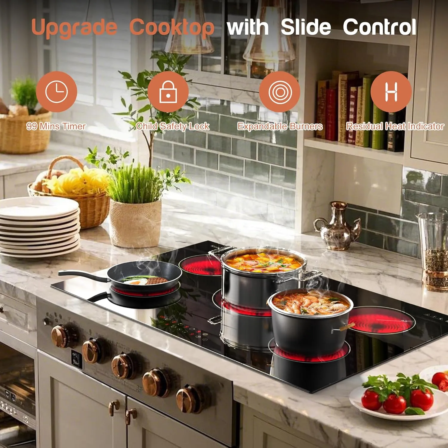 Karinear Electric Cooktop 30 Inch, 5 Burners Electric Stove 30 Inch Electri Ceramic Cooktop, 9 Power Level, Pause, Timer, Child Safety Lock, Triple Ring Expandable Burners, 6900W 220V(No Plug)