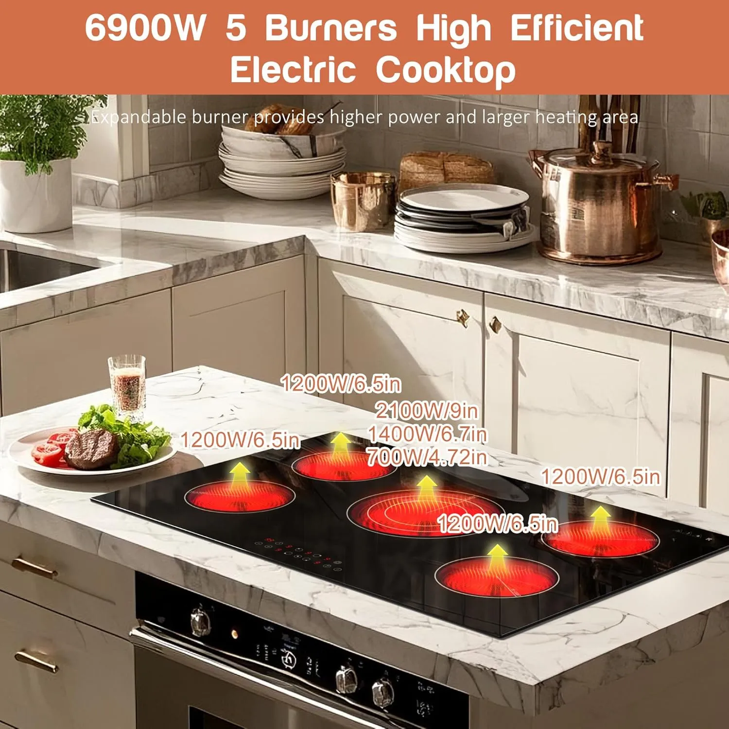 Karinear Electric Cooktop 30 Inch, 5 Burners Electric Stove 30 Inch Electri Ceramic Cooktop, 9 Power Level, Pause, Timer, Child Safety Lock, Triple Ring Expandable Burners, 6900W 220V(No Plug)