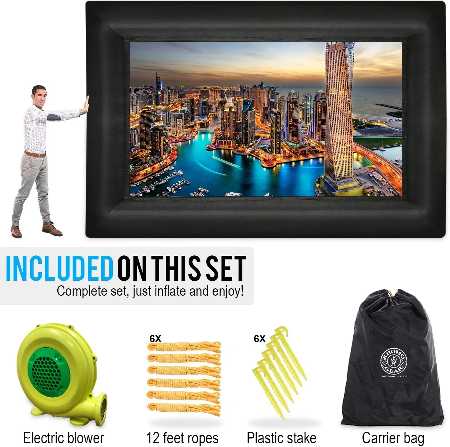 KHOMO GEAR 20 ft Outdoor Projector Screen - Supports Front and Rear Projection - Includes Inflation Fan, Tie-Downs and Storage Bag - Inflatable Projector Screen