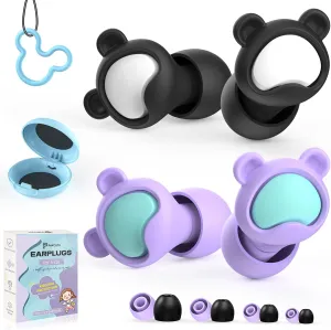 Kids Ear Plugs 2 Pairs(6-12 yrs), Reusable Noise Cancelling Earplugs, Silicone Noise Sensitivity Ear Plugs for Children/Small Ears, Ear Protection for Concerts/Flying/School/Playtime(Black Purple)