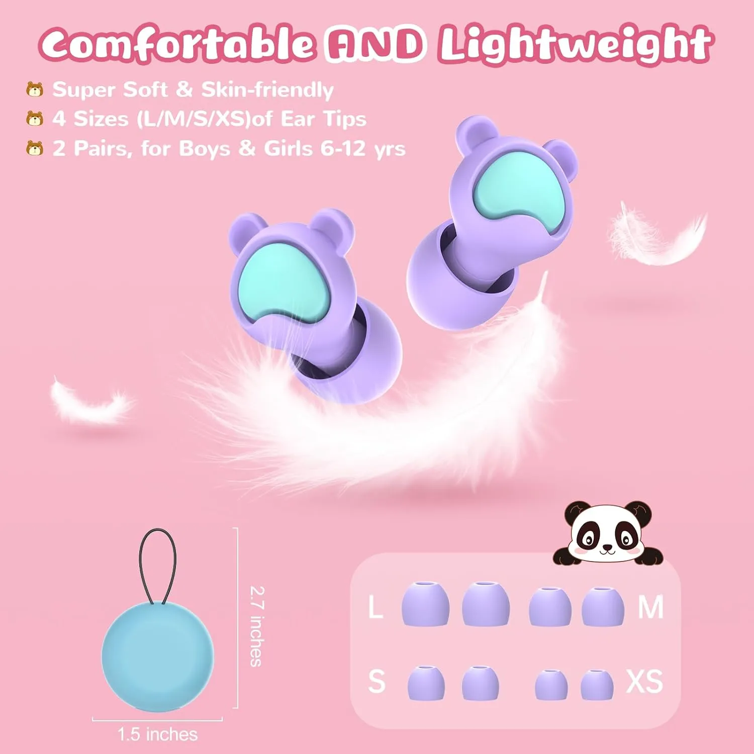 Kids Ear Plugs 2 Pairs(6-12 yrs), Reusable Noise Cancelling Earplugs, Silicone Noise Sensitivity Ear Plugs for Children/Small Ears, Ear Protection for Concerts/Flying/School/Playtime(Purple Pink)