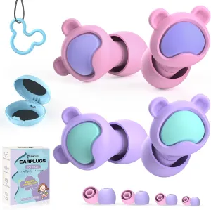 Kids Ear Plugs 2 Pairs(6-12 yrs), Reusable Noise Cancelling Earplugs, Silicone Noise Sensitivity Ear Plugs for Children/Small Ears, Ear Protection for Concerts/Flying/School/Playtime(Purple Pink)