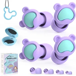 Kids Ear Plugs 2 Pairs(6-12 yrs), Reusable Noise Cancelling Earplugs, Silicone Noise Sensitivity Ear Plugs for Children/Small Ears, Ear Protection for Concerts/Flying/School/Playtime(Purple Purple)