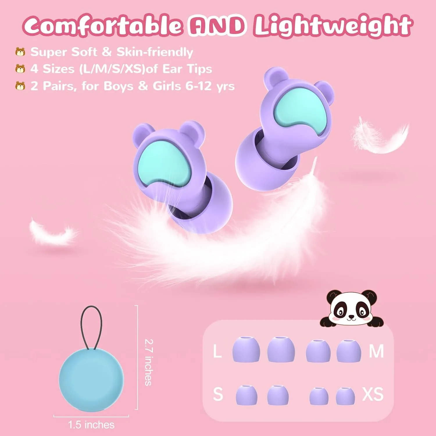 Kids Ear Plugs 2 Pairs(6-12 yrs), Reusable Noise Cancelling Earplugs, Silicone Noise Sensitivity Ear Plugs for Children/Small Ears, Ear Protection for Concerts/Flying/School/Playtime(Purple Purple)