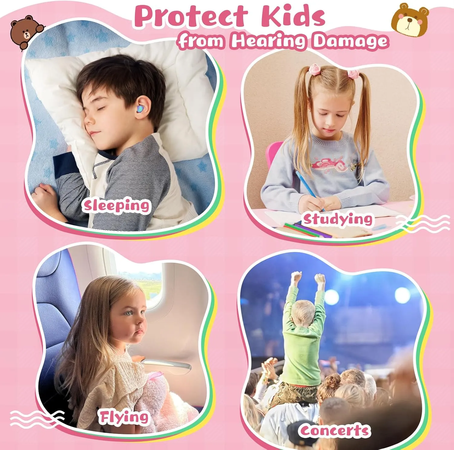 Kids Ear Plugs 2 Pairs(6-12 yrs), Reusable Noise Cancelling Earplugs, Silicone Noise Sensitivity Ear Plugs for Children/Small Ears, Ear Protection for Concerts/Flying/School/Playtime(Purple Purple)
