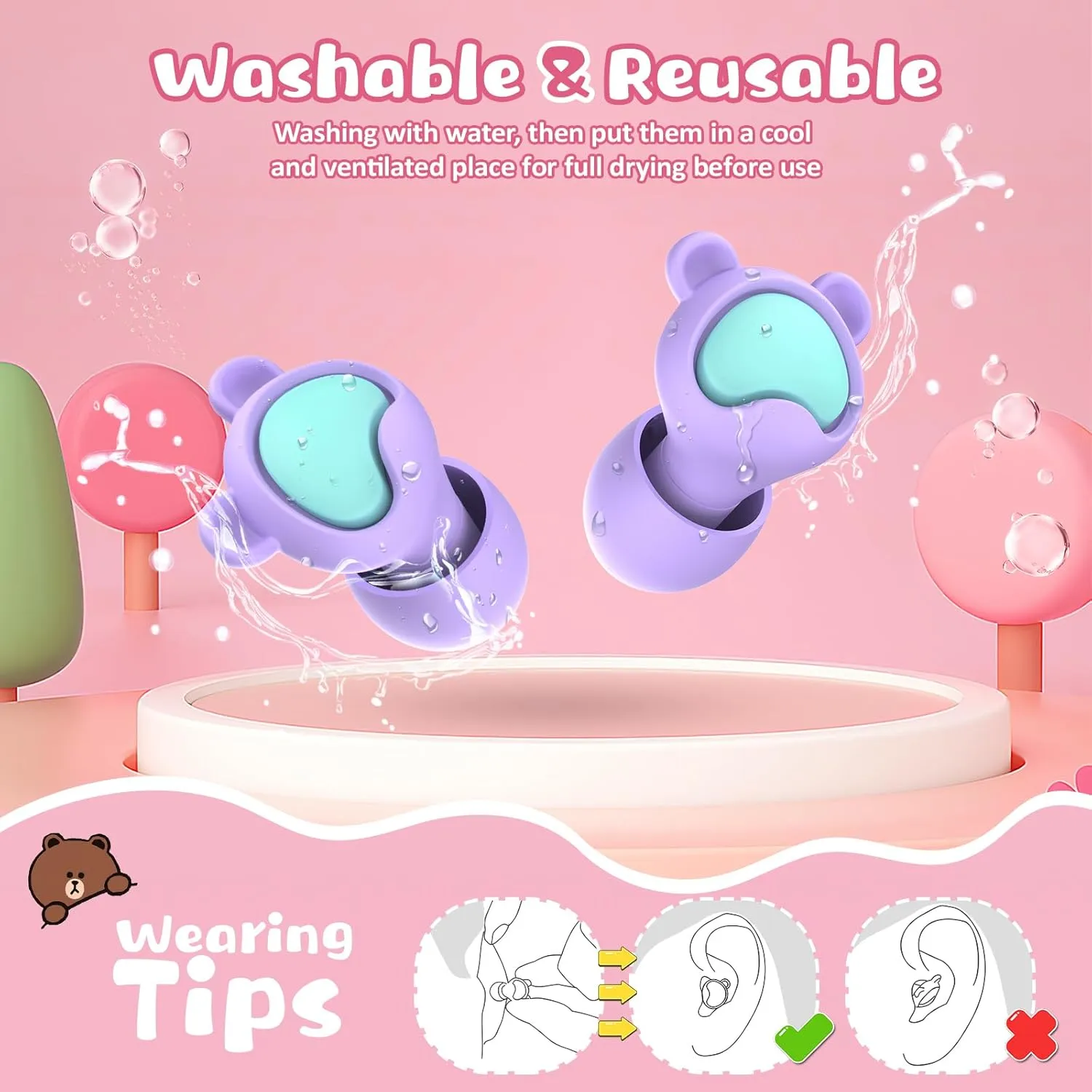 Kids Ear Plugs 2 Pairs(6-12 yrs), Reusable Noise Cancelling Earplugs, Silicone Noise Sensitivity Ear Plugs for Children/Small Ears, Ear Protection for Concerts/Flying/School/Playtime(Purple Purple)