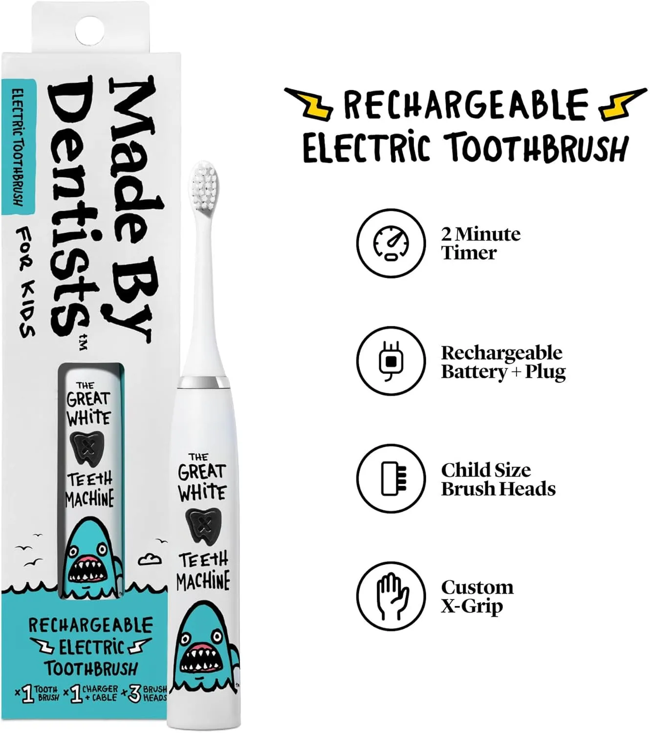 Kids Electric Toothbrush - Rechargeable Vibrating Toothbrush with Timer, Includes 6 Replacement Heads, Gently Cleans Little Teeth, for Girls and Boys, Kids & Toddlers Age 2 , Shark