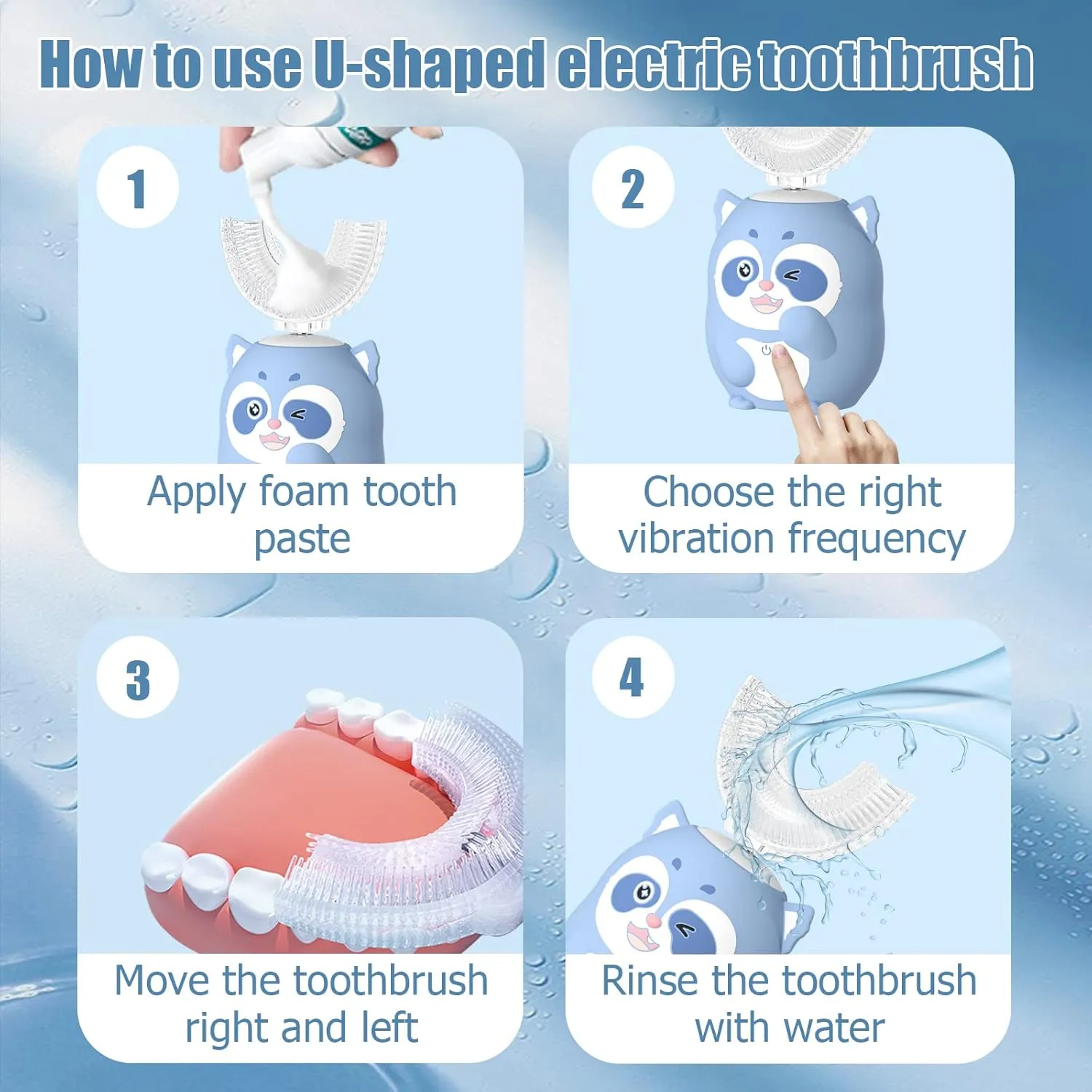 Kids Electric U Shaped Toothbrush Children Rechargeable Sonic Toothbrush with 4 Brush Heads Full Mouth 6 Cleaning Modes - (Age 8-15, Blue)