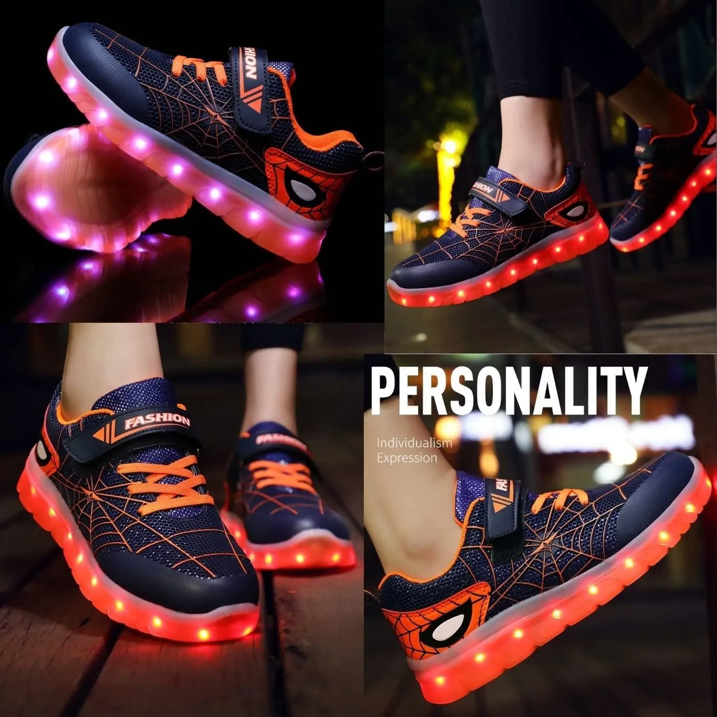 Kids Led Light Up Shoes Flash Sneakers with Spider Upper USB Charge Luminous Trainers for Boys Girls Toddles