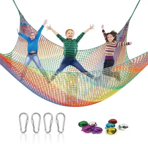Kids Playground Climbing Cargo Net - 6.5 x 9.8Ft Kids Playground Safety Net,Polyester Double Layers Rope Bridge Net for Tree House and Outdoor Adventure（Rainbow）