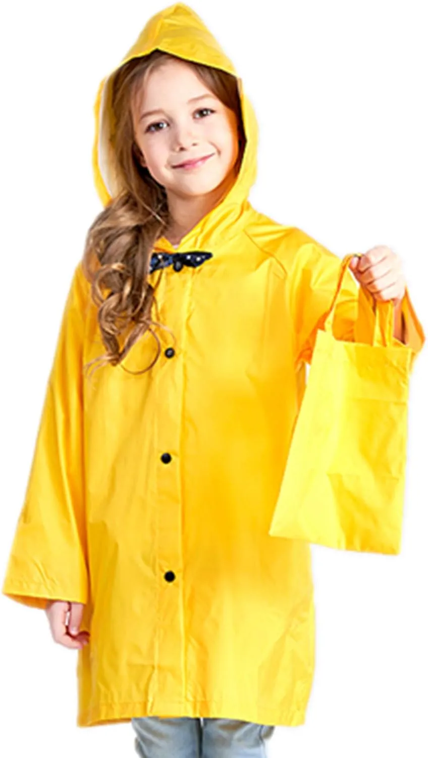 Kids Raincoat with Bows Girl Boy Waterproof Hood Rain Jacket Outdoor Age 2-10 with Bag Yellow XL