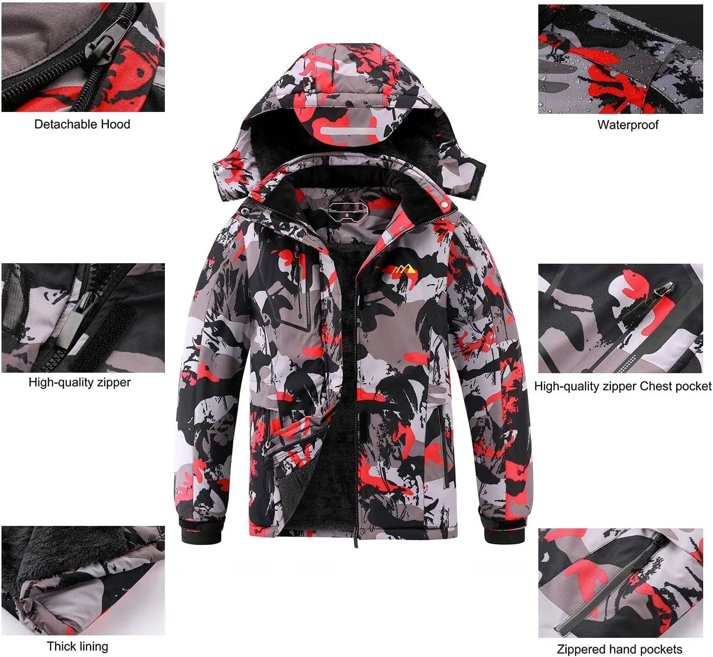 Kid's Ski Jacket Waterproof Boy's and Girl's Warm Fleece Winter Jacket Windproof Hooded Snow Coat
