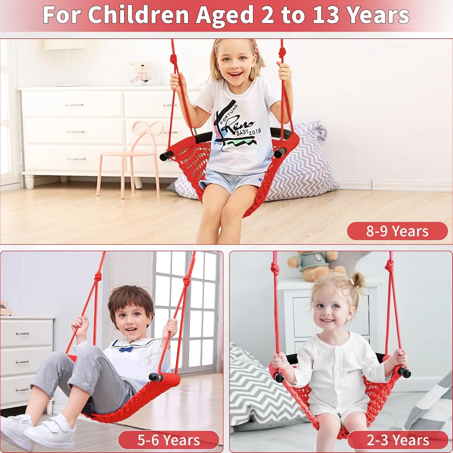 Kids Tree Swing Seat for Kids Rope Swing Seat, Indoor Swing for Kids Outdoor, Backyard Swing Tree Swing Seat Door Swing (Red)
