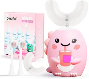 Kids U Shaped Electric Toothbrush with 4 Brush Heads, Sonic Toothbrush Kids with 5 Modes, Cartoon Dinosaur 360-Degree Cleaning IPX7 Waterproof Design (2-6 Age (Pink))