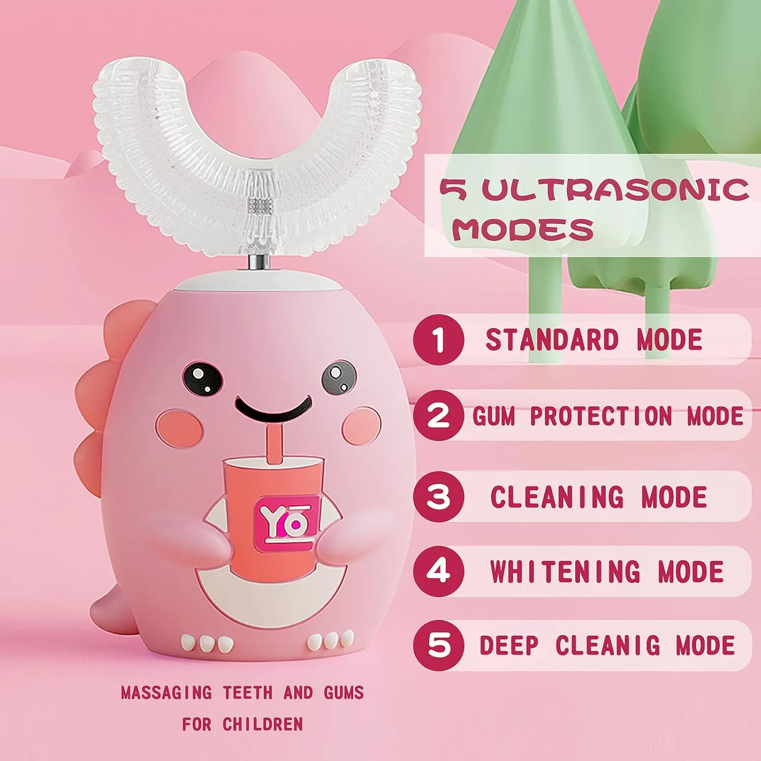Kids U Shaped Electric Toothbrush with 4 Brush Heads, Sonic Toothbrush Kids with 5 Modes, Cartoon Dinosaur 360-Degree Cleaning IPX7 Waterproof Design (2-6 Age (Pink))