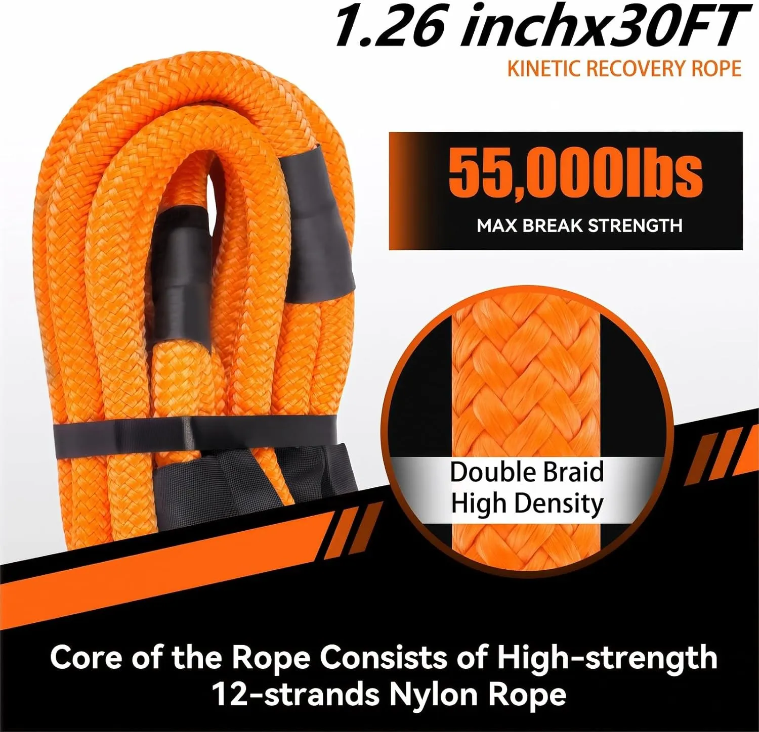 Kinetic Recovery Rope 1.26" x 30ft 55000lbs Heavy Duty Offroad Snatch Strap with 2 Soft Shackles, Kinetic Tow Rope Recovery Kit, 35% Elasticity Tow Ropes for Trucks SUV UTV ATV Tractor