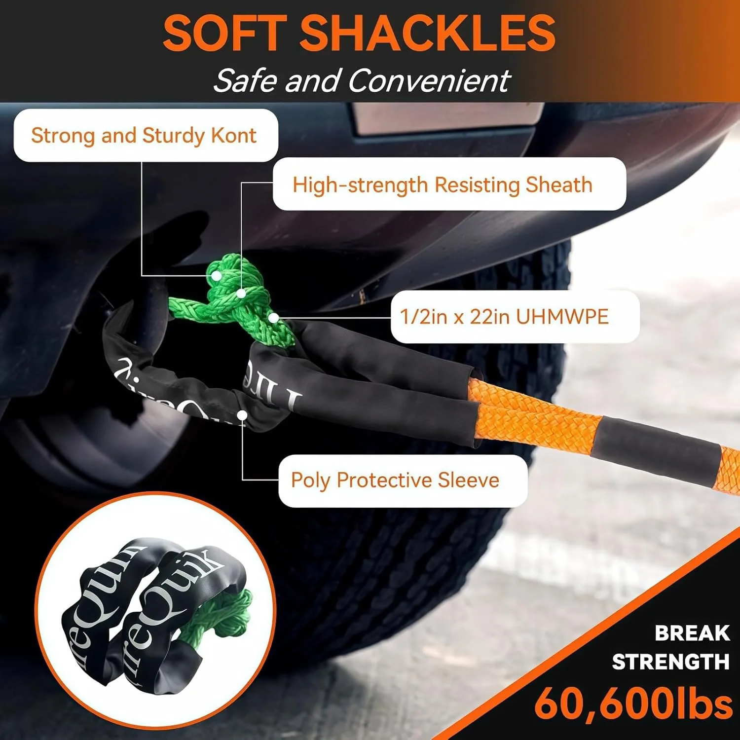 Kinetic Recovery Rope 1.26" x 30ft 55000lbs Heavy Duty Offroad Snatch Strap with 2 Soft Shackles, Kinetic Tow Rope Recovery Kit, 35% Elasticity Tow Ropes for Trucks SUV UTV ATV Tractor