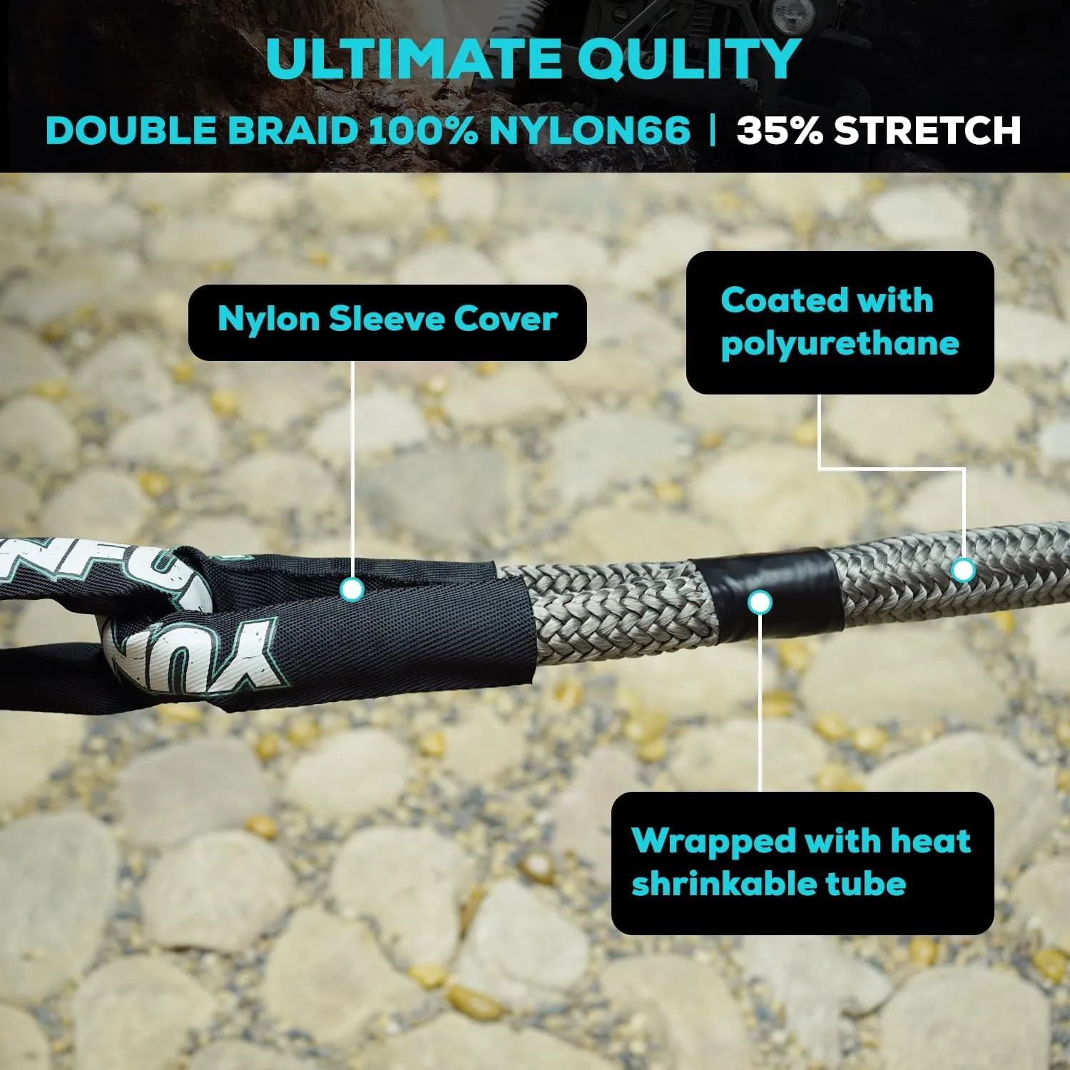 Kinetic Recovery Rope 1" x 30' (48,600lbs) Extreme Duty 35% Elasticity Energy Snatch Rope, Offroad Recovery Heavy Duty Tow Ropes for Trucks, UTV, ATV, SUV (Gray)