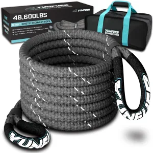 Kinetic Recovery Rope 1" x 30' (48,600lbs) Extreme Duty 35% Elasticity Energy Snatch Rope, Offroad Recovery Heavy Duty Tow Ropes for Trucks, UTV, ATV, SUV (Gray)
