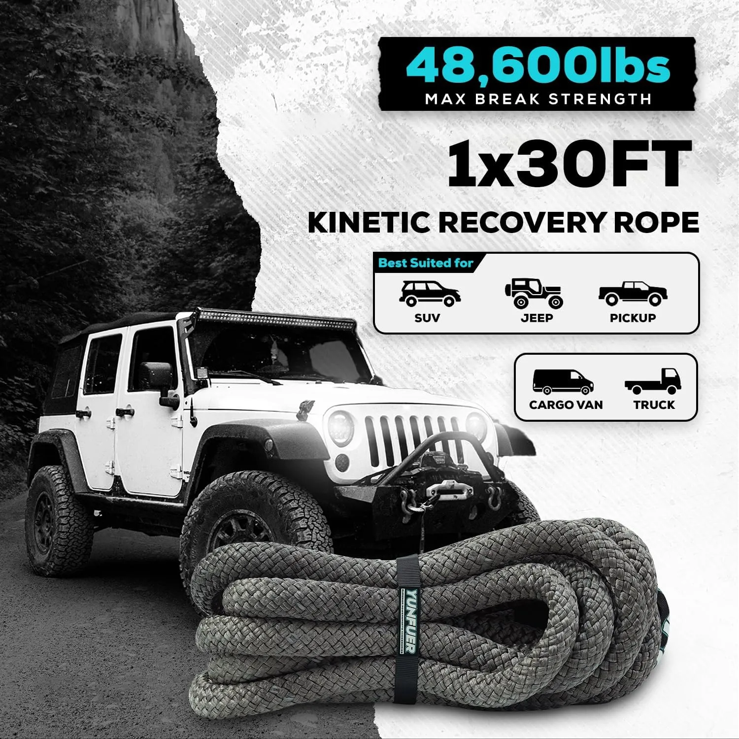 Kinetic Recovery Rope 1" x 30' (48,600lbs) Extreme Duty 35% Elasticity Energy Snatch Rope, Offroad Recovery Heavy Duty Tow Ropes for Trucks, UTV, ATV, SUV (Gray)