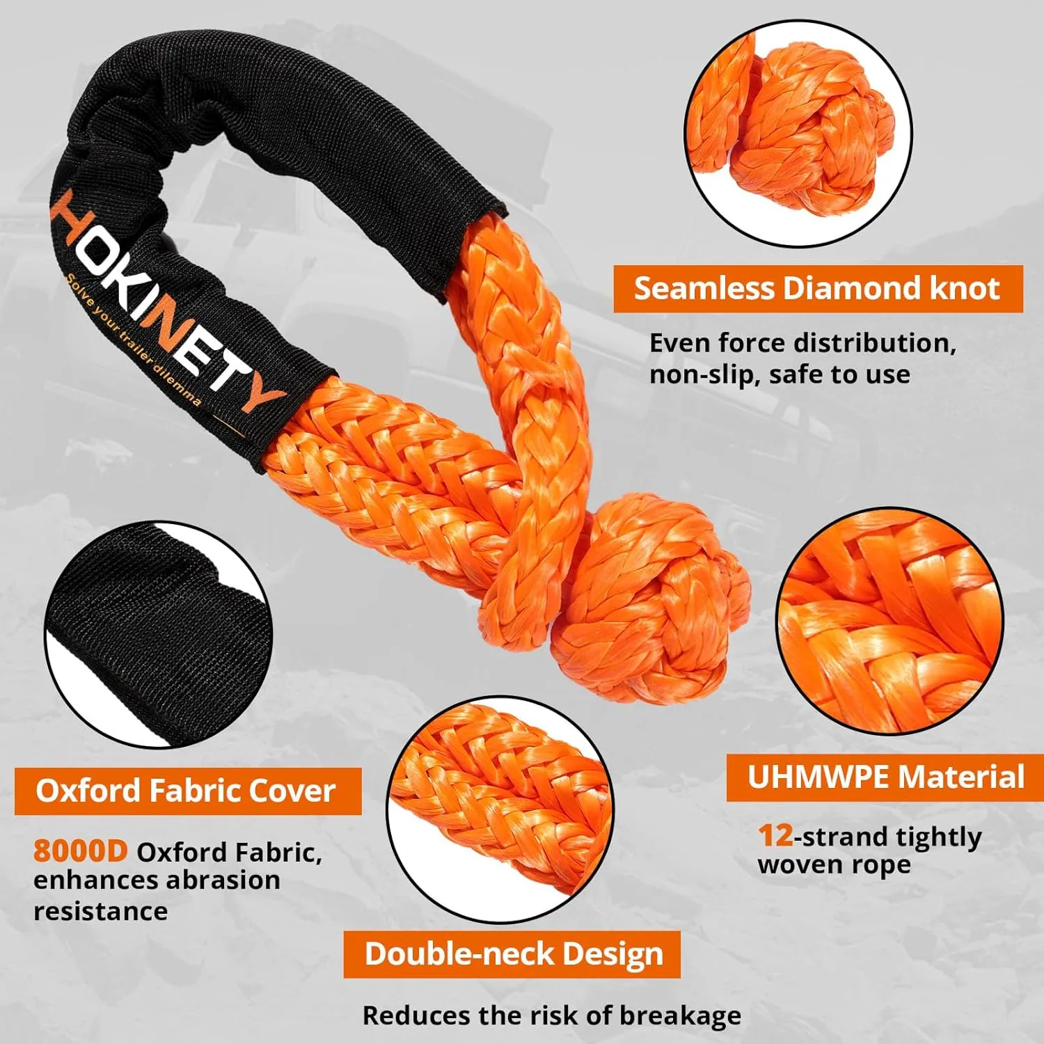 Kinetic Recovery Tow Rope: 1-1/8" x 30ft 48000LBS Snatch Strap with Soft Shackles Heavy Duty Offroad Towing Straps Kit for Trucks SUV UTV ATV Tractor Car Jeep - Gray