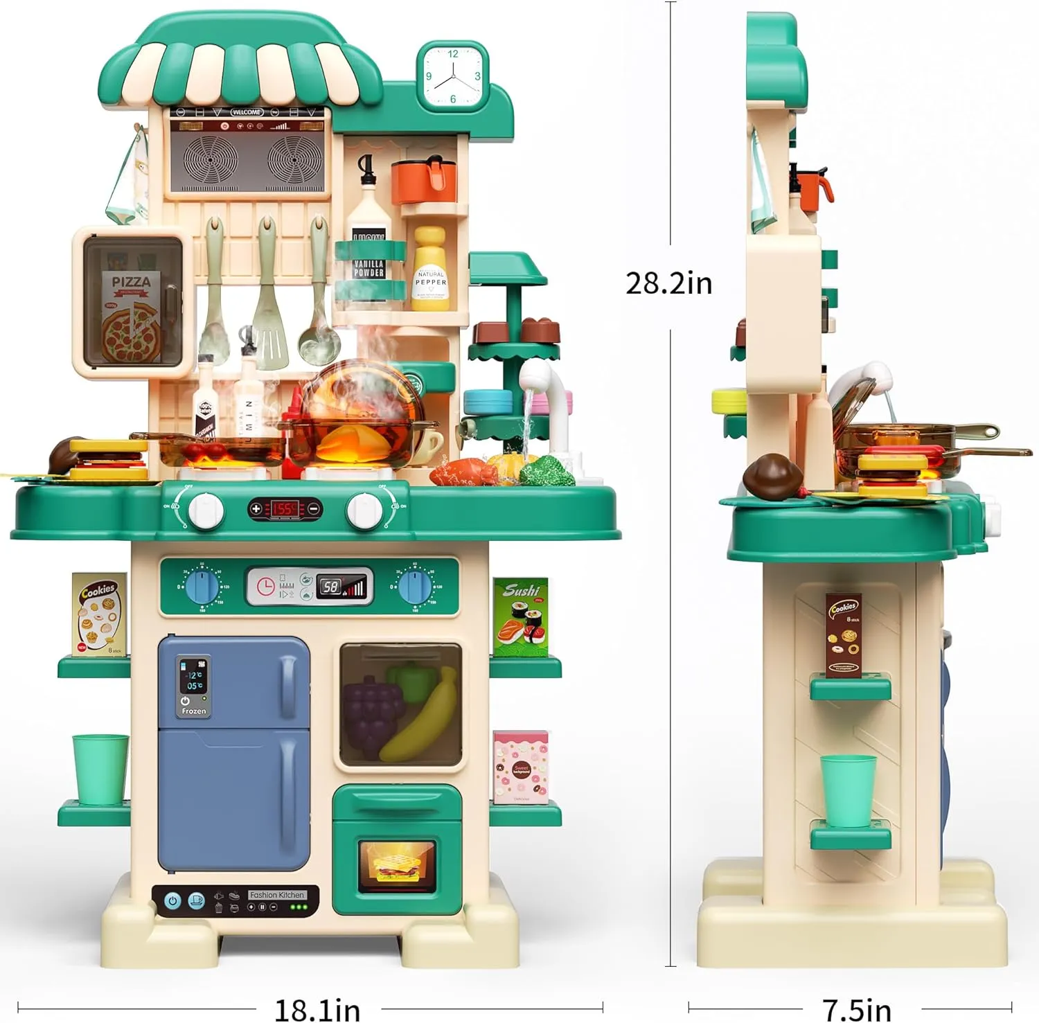 Kitchen Playset for Boys & Girls, Kid Play Kitchen with Realistic Lights & Sounds, Spray Sink Toy Kitchen Accessories, Pretend Food Toys Kitchen for Toddlers Age 1-3(Green)