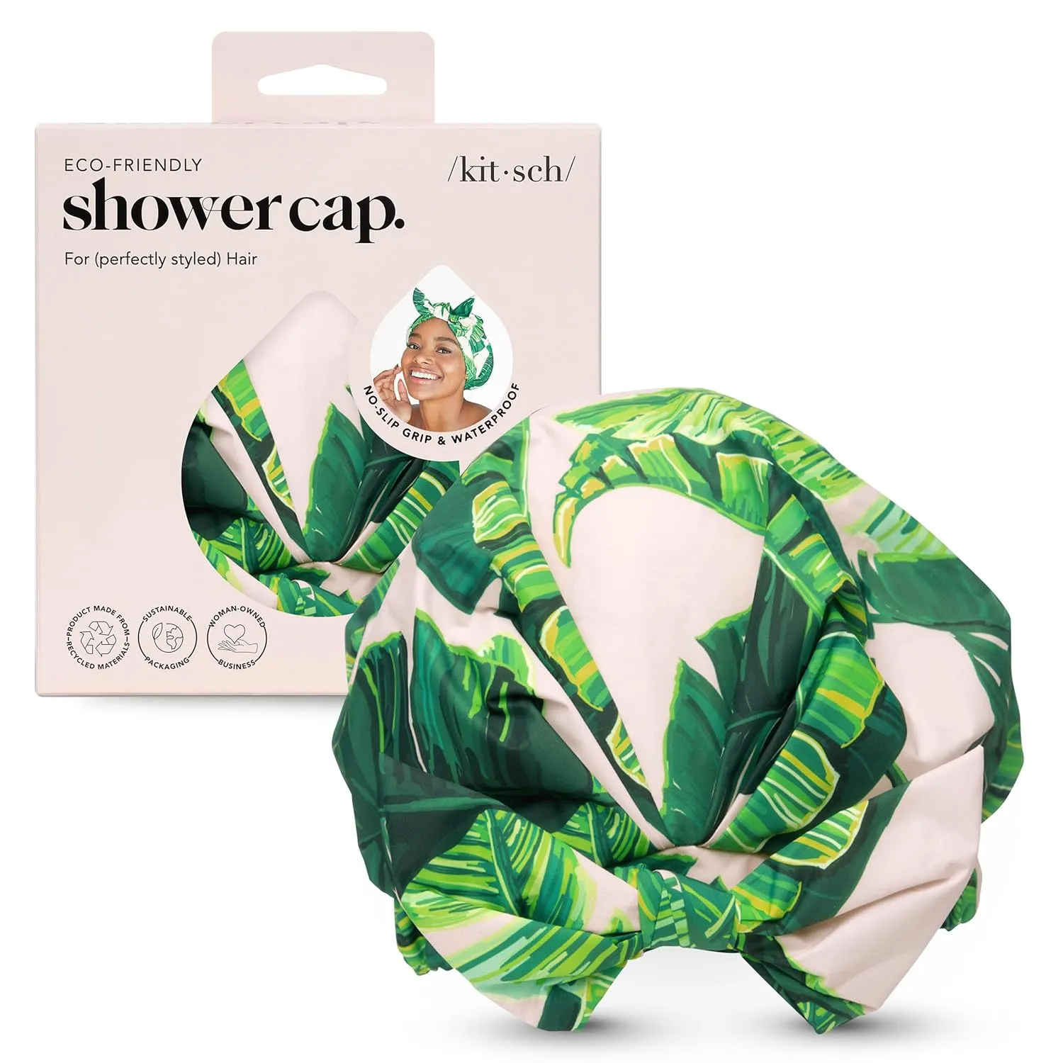 Kitsch Luxury Shower Caps for Women Reusable Waterproof - Large Shower Cap for Women and Men, Non-slip, Quick-dry Hair Cap for Long & Short Hair, Comfortable and Stylish Design - Palm Leaves