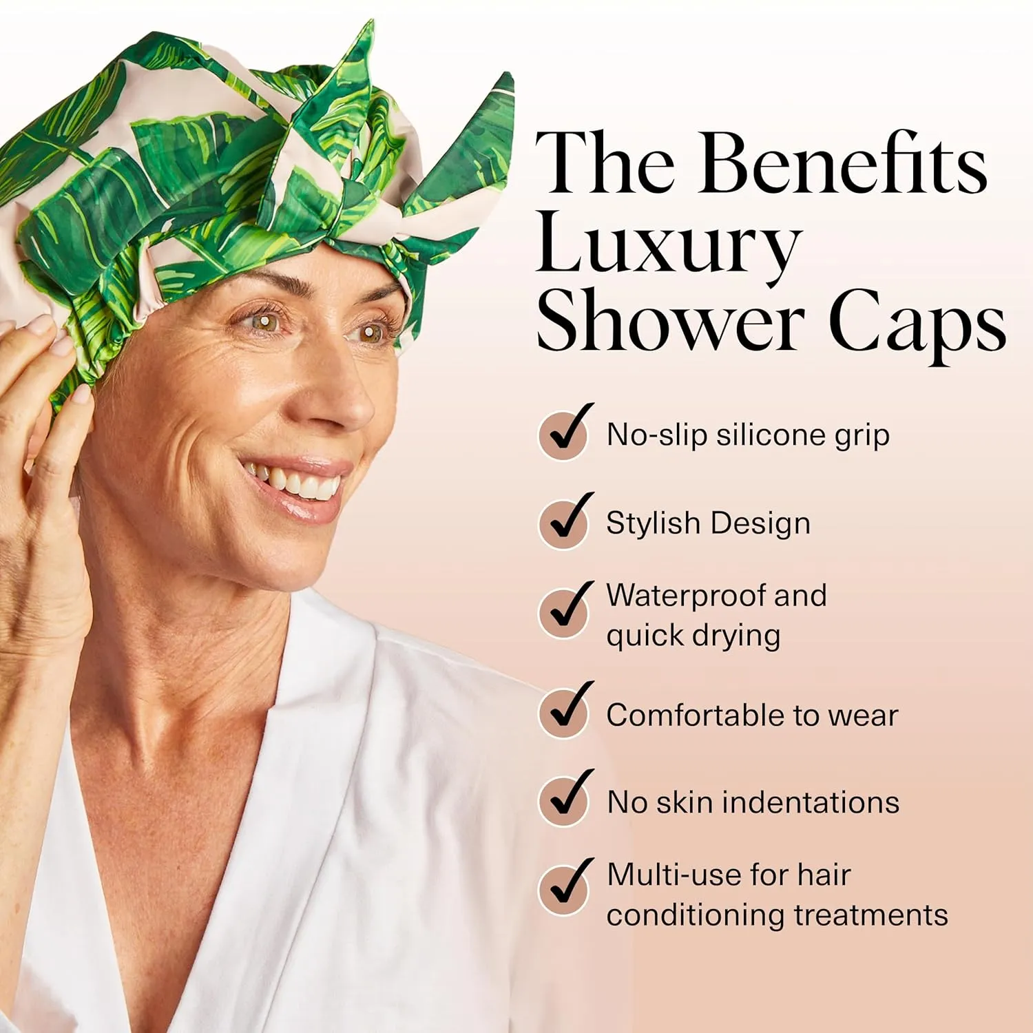Kitsch Luxury Shower Caps for Women Reusable Waterproof - Large Shower Cap for Women and Men, Non-slip, Quick-dry Hair Cap for Long & Short Hair, Comfortable and Stylish Design - Palm Leaves
