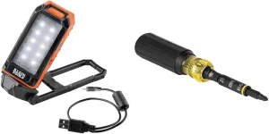 Klein Tools 56403 LED Light, Rechargeable Flashlight/Worklight with Kickstand and Carabiner & 32500HD Multi-Bit Screwdriver/Nut Driver, Impact Rated 11-in-1 Tool with Phillips, Slotted