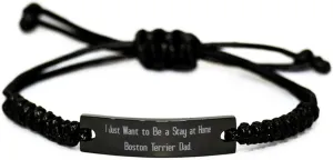 Krumfortable Living I Just Want to Be a Stay at Home Boston. Black Rope Bracelet, Boston Terrier Dog Engraved Bracelet, Nice Gifts for Boston Terrier Dog