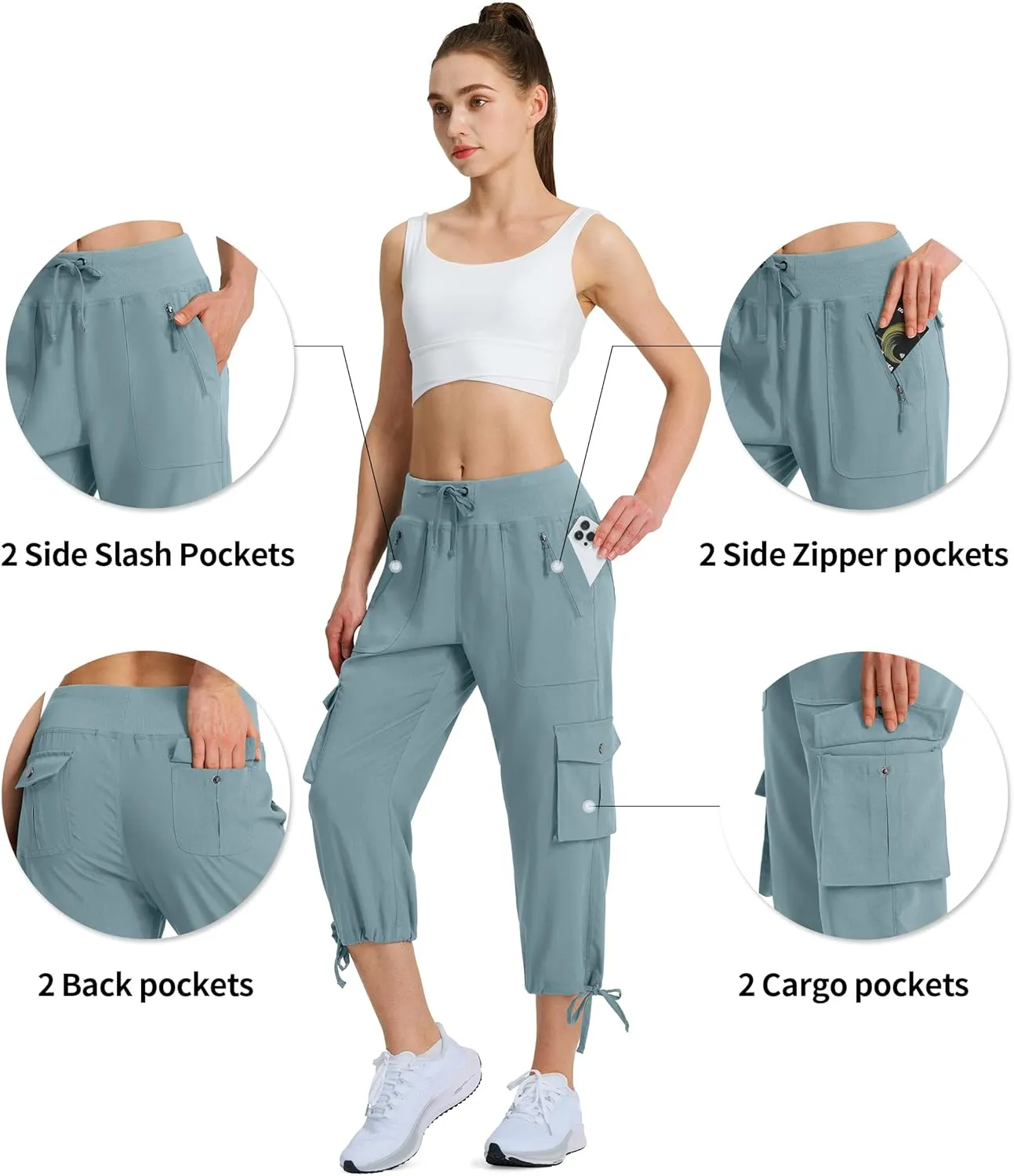Ksmien Women's Hiking Capris Quick Dry Lightweight Ladies Summer Cargo Pants 8 Pockets for Travel Camping