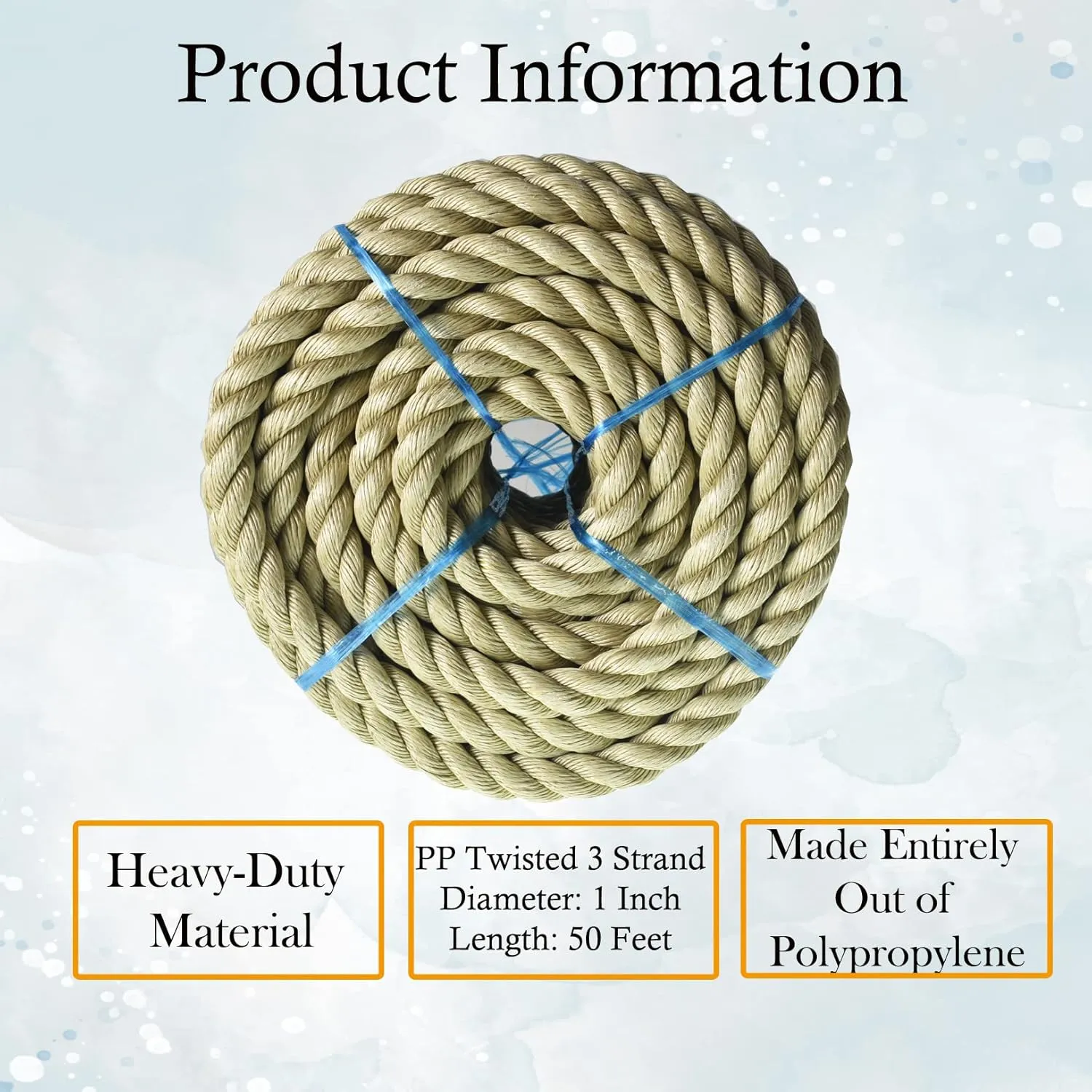 LABLT 1 inch Twisted ProManila Rope Cordage, 50 feet UnManila 3 Strand Synthetic Polypropylene Rope Tan Thick Polypropylene Cord for Indoor Outdoor Use, Tug of War, Marine