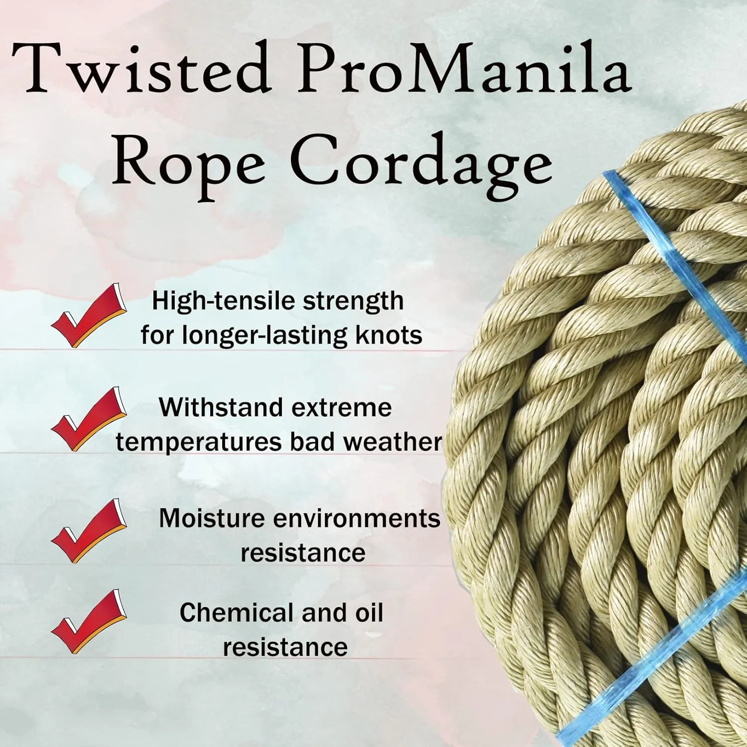 LABLT 1 inch Twisted ProManila Rope Cordage, 50 feet UnManila 3 Strand Synthetic Polypropylene Rope Tan Thick Polypropylene Cord for Indoor Outdoor Use, Tug of War, Marine