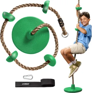 LAEGENDARY Climbing Rope Tree Swing with Platforms and Disc Swings Seat - Playground Swingset Accessories Outdoor for Kids - Tire Saucer Swing Outside Playset Toys - Carabiner and 2.6 Ft Tree Strap