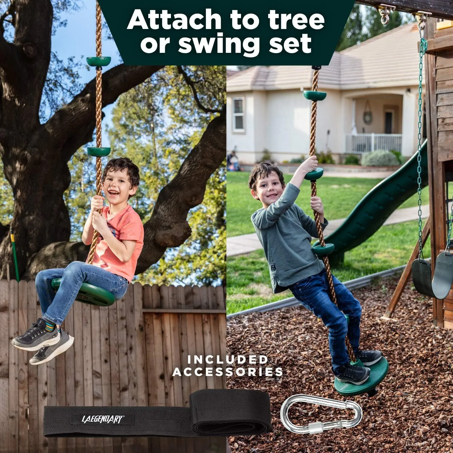 LAEGENDARY Climbing Rope Tree Swing with Platforms and Disc Swings Seat - Playground Swingset Accessories Outdoor for Kids - Tire Saucer Swing Outside Playset Toys - Carabiner and 2.6 Ft Tree Strap
