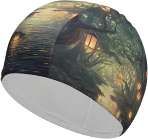 Lanterns Trees Spiritual River Unisex Swim Cap Waterproof Bathing Swimming Hat for Short Long Hair