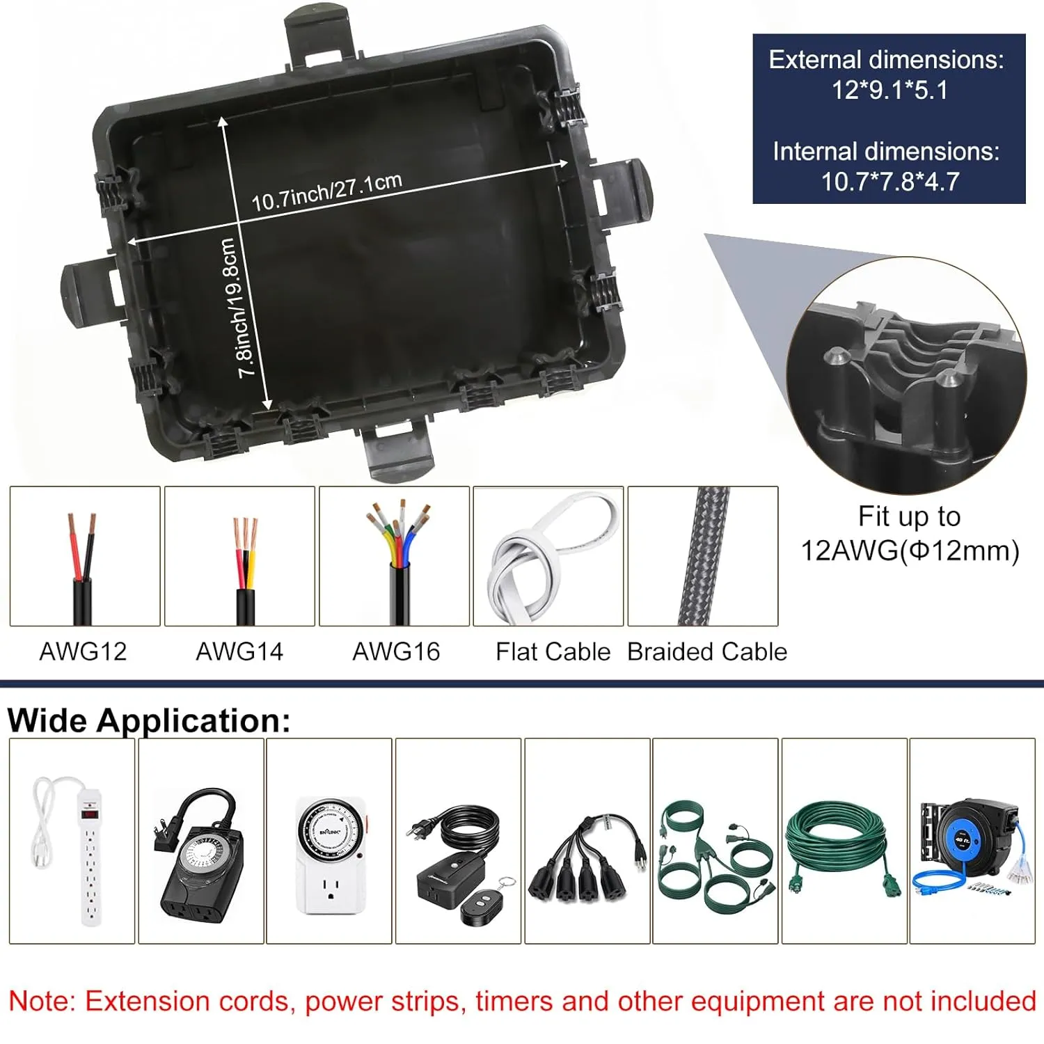 Large Outdoor Electrical Box Waterproof, IP54 Extension Cord Cover Weatherproof Outdoor Outlet Covers, Protect Power Strip, Timer Outlet, Plug, Socket, Holiday Light, Black (12 x 9X 5 inch)
