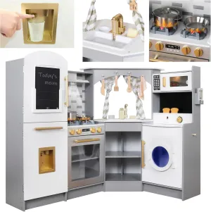 Large Wooden Corner Play Kitchen Sets with Ice Maker,Water Dispenser,Bread Maker,Washing Machine,Electronic Display,Toy Sink with Running Water,Stove with Light&Sounds, Birthday Gift for 3 