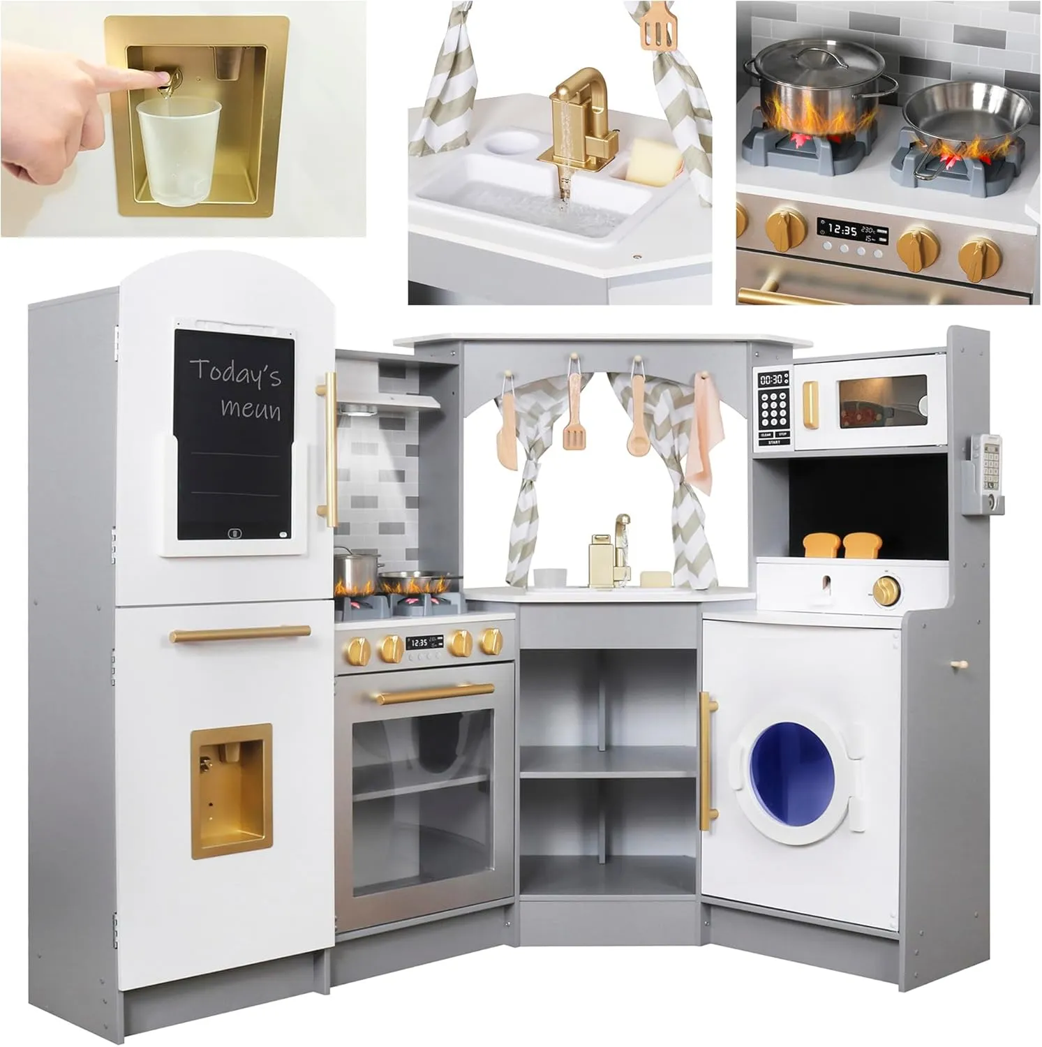 Large Wooden Corner Play Kitchen Sets with Ice Maker,Water Dispenser,Bread Maker,Washing Machine,Electronic Display,Toy Sink with Running Water,Stove with Light&Sounds, Birthday Gift for 3 