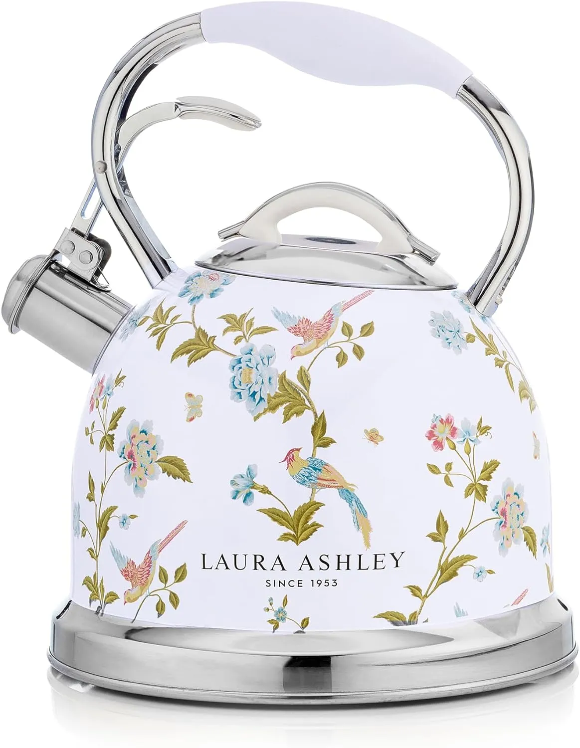 Laura Ashley Elveden White Stovetop Kettle with Whistle - 2.5L Fast Boil Stainless Steel Kettle Stove Top - Silicon Coated Cool Handle Camping Kettle for Gas, Induction Hob - Compatible with Aga Stove