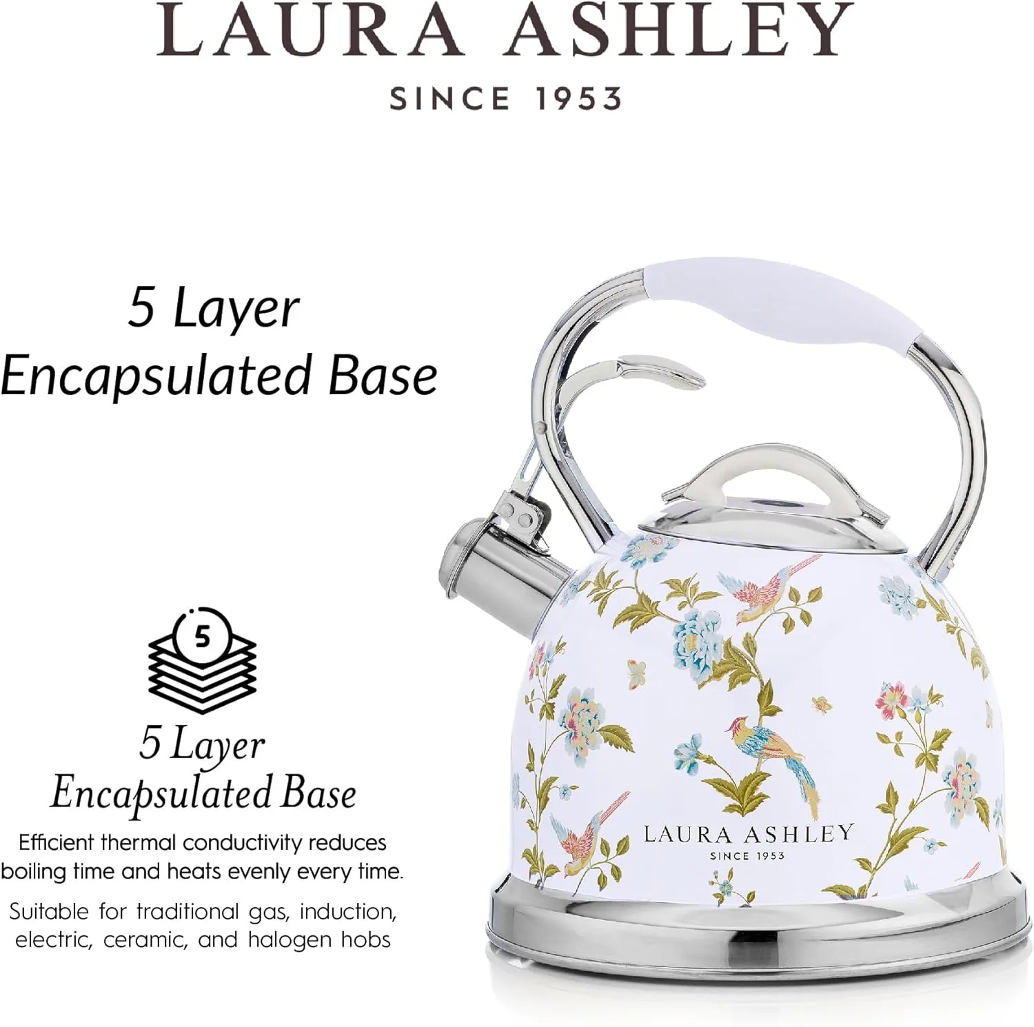 Laura Ashley Elveden White Stovetop Kettle with Whistle - 2.5L Fast Boil Stainless Steel Kettle Stove Top - Silicon Coated Cool Handle Camping Kettle for Gas, Induction Hob - Compatible with Aga Stove