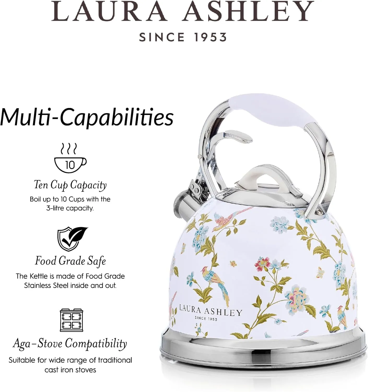 Laura Ashley Elveden White Stovetop Kettle with Whistle - 2.5L Fast Boil Stainless Steel Kettle Stove Top - Silicon Coated Cool Handle Camping Kettle for Gas, Induction Hob - Compatible with Aga Stove