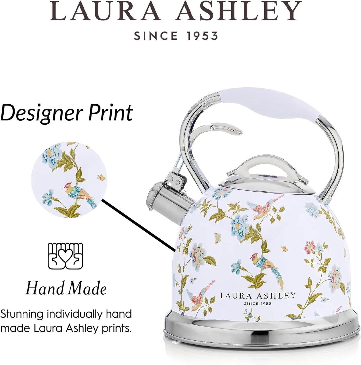 Laura Ashley Elveden White Stovetop Kettle with Whistle - 2.5L Fast Boil Stainless Steel Kettle Stove Top - Silicon Coated Cool Handle Camping Kettle for Gas, Induction Hob - Compatible with Aga Stove