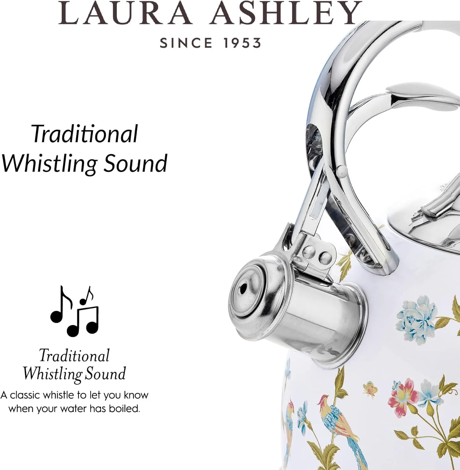Laura Ashley Elveden White Stovetop Kettle with Whistle - 2.5L Fast Boil Stainless Steel Kettle Stove Top - Silicon Coated Cool Handle Camping Kettle for Gas, Induction Hob - Compatible with Aga Stove