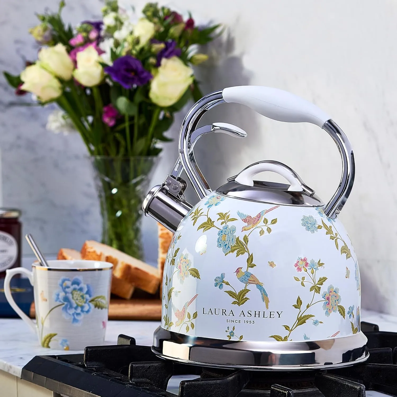 Laura Ashley Elveden White Stovetop Kettle with Whistle - 2.5L Fast Boil Stainless Steel Kettle Stove Top - Silicon Coated Cool Handle Camping Kettle for Gas, Induction Hob - Compatible with Aga Stove
