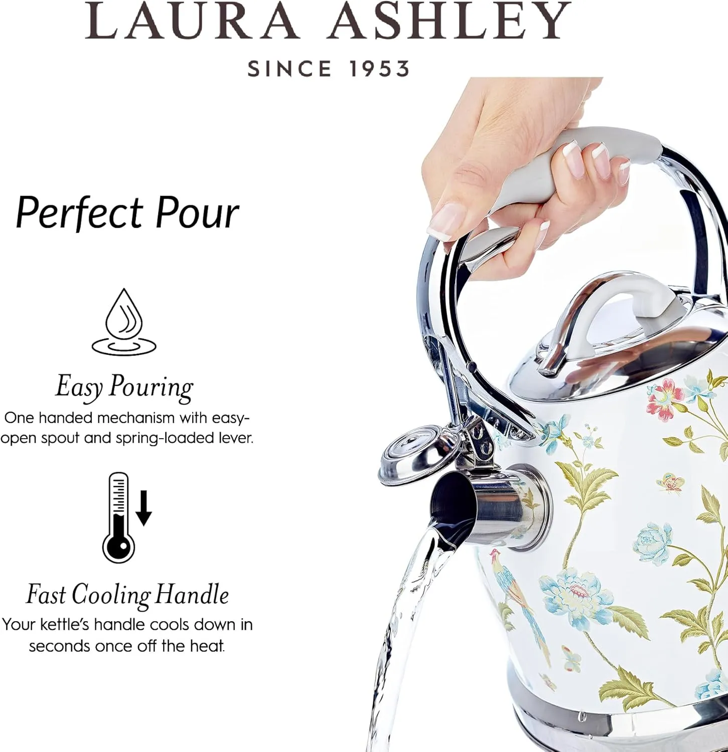 Laura Ashley Elveden White Stovetop Kettle with Whistle - 2.5L Fast Boil Stainless Steel Kettle Stove Top - Silicon Coated Cool Handle Camping Kettle for Gas, Induction Hob - Compatible with Aga Stove